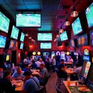 Customers enjoying sports and arcade games at Paramount Sports Bar in Birmingham