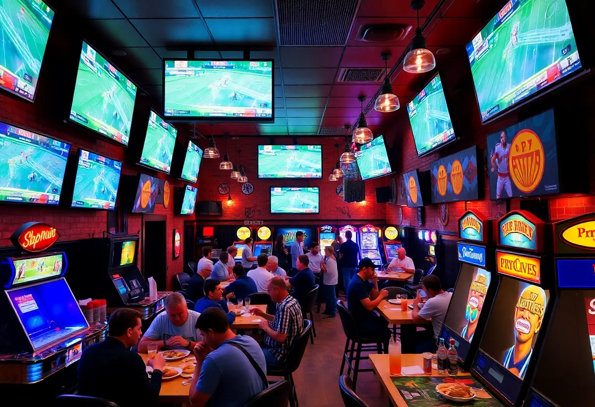 Customers enjoying sports and arcade games at Paramount Sports Bar in Birmingham