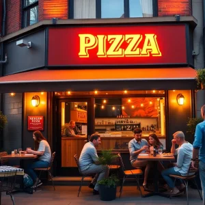 Pizza restaurant interior with customers enjoying Neapolitan pizza