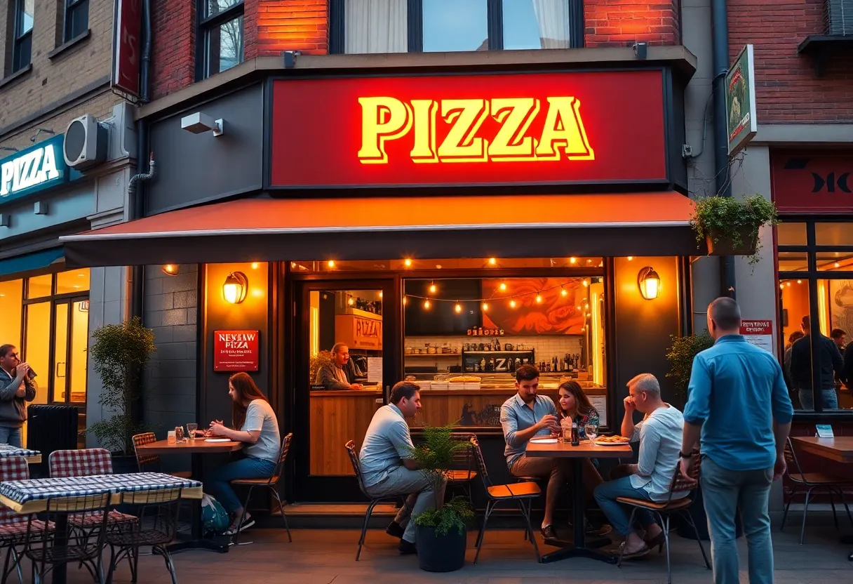 Exterior view of the new Pizza Pilgrims restaurant in Birmingham with diners enjoying their meals.