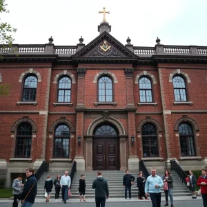 Overview of the Prince Hall Masonic Temple undergoing restoration