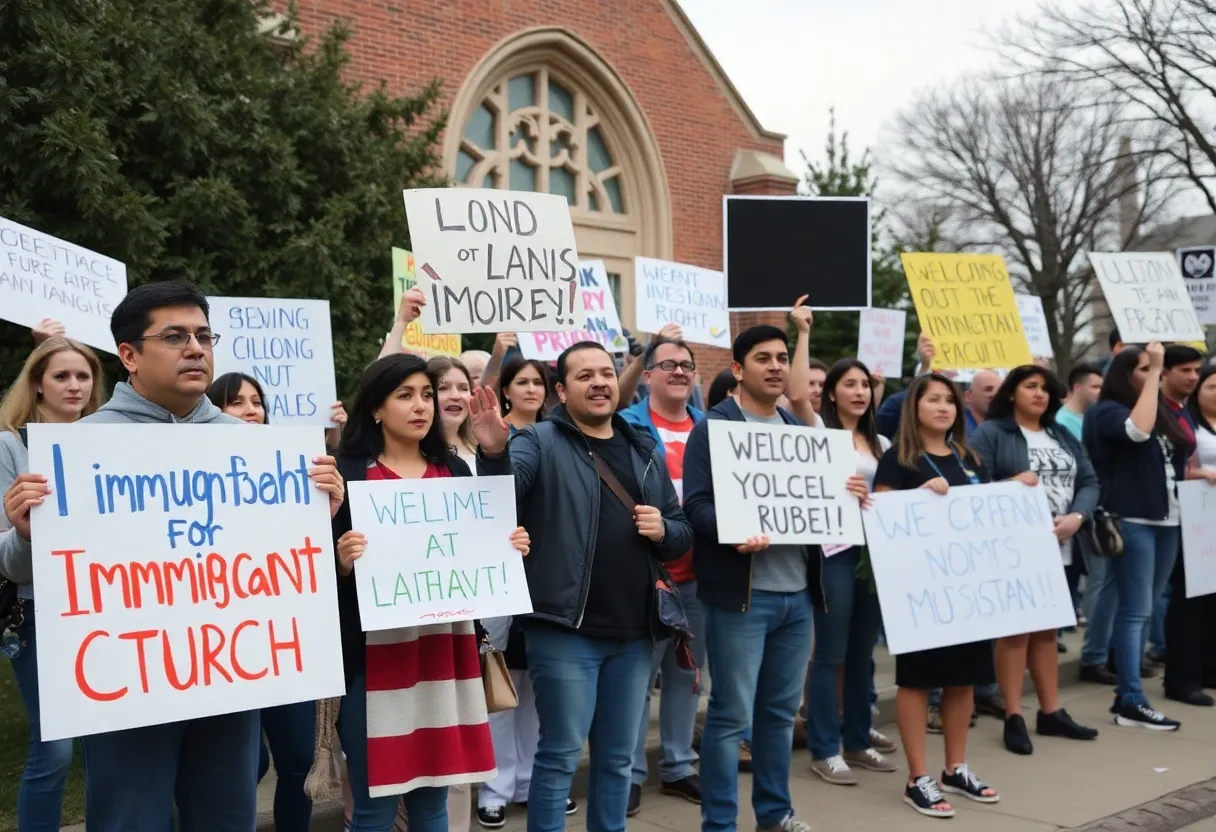 Protesters outside Church of the Highlands with signs