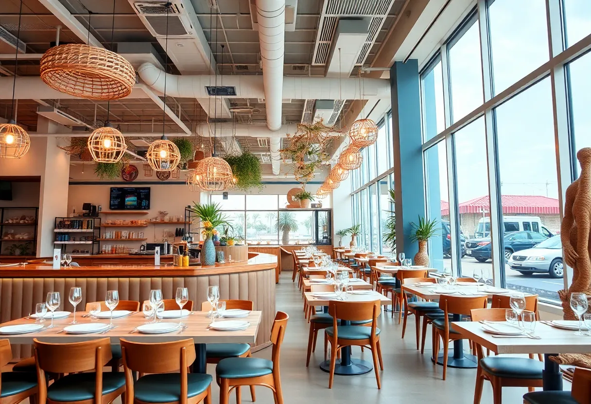 Interior of Sea Bar seafood restaurant with coastal decor