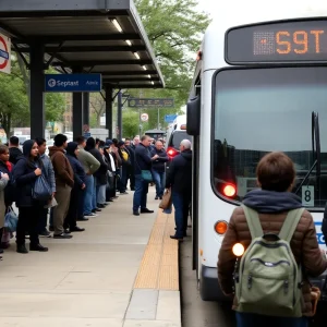 Commuters waiting at a SEPTA bus stop in Philadelphia amidst service cuts.