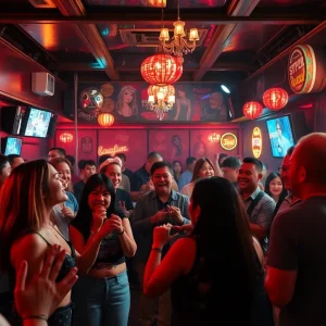 A lively karaoke lounge filled with guests enjoying music and socializing