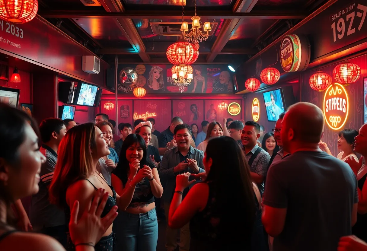 A lively karaoke lounge filled with guests enjoying music and socializing