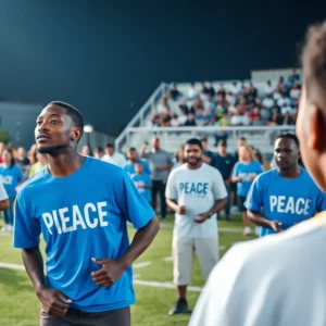 Community members and players gather during the Stop the Violence Classic football game.
