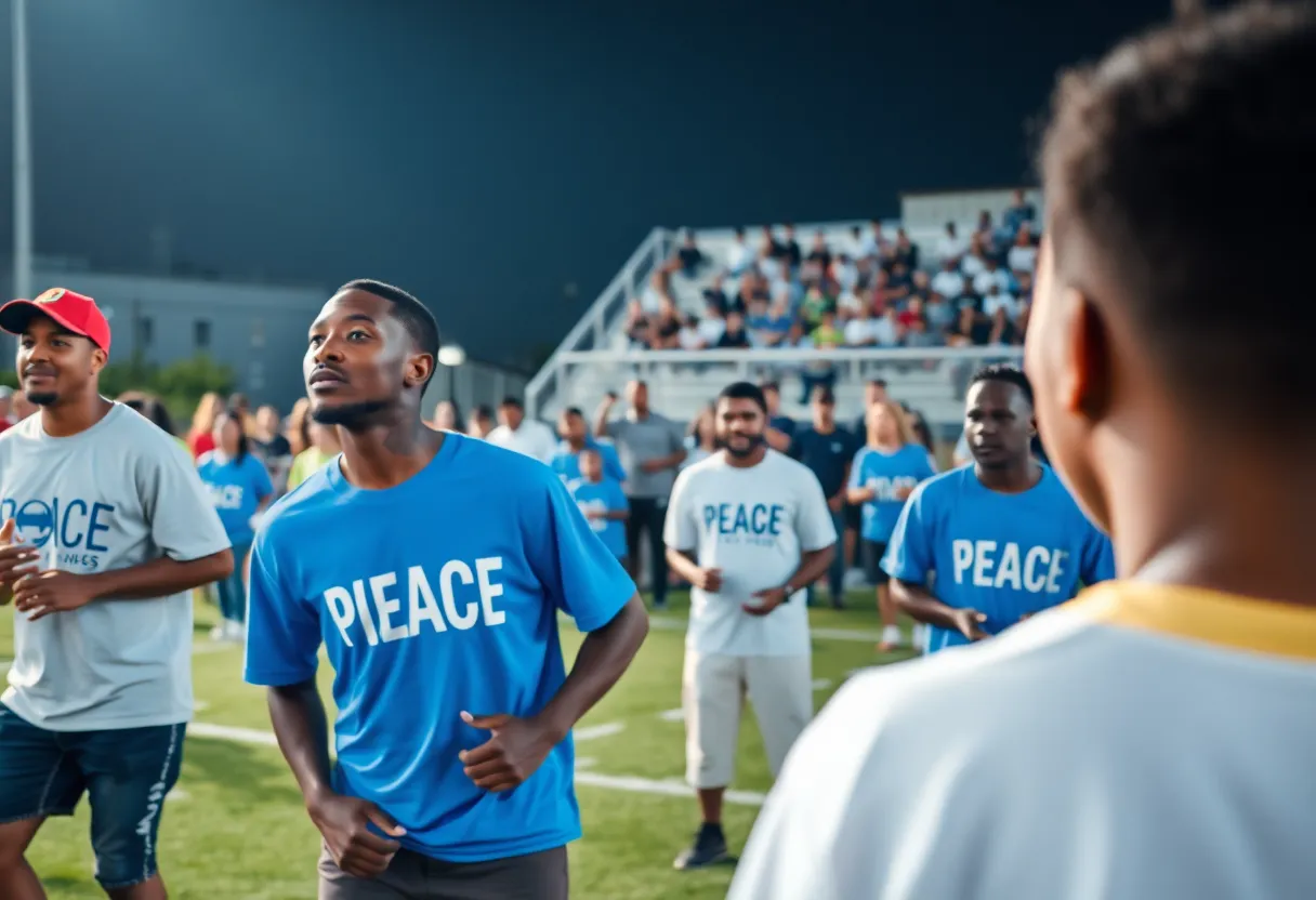 Community members and players gather during the Stop the Violence Classic football game.