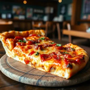 Delicious Chicago-style deep-dish pizza slice at Tortugas Homemade Pizza