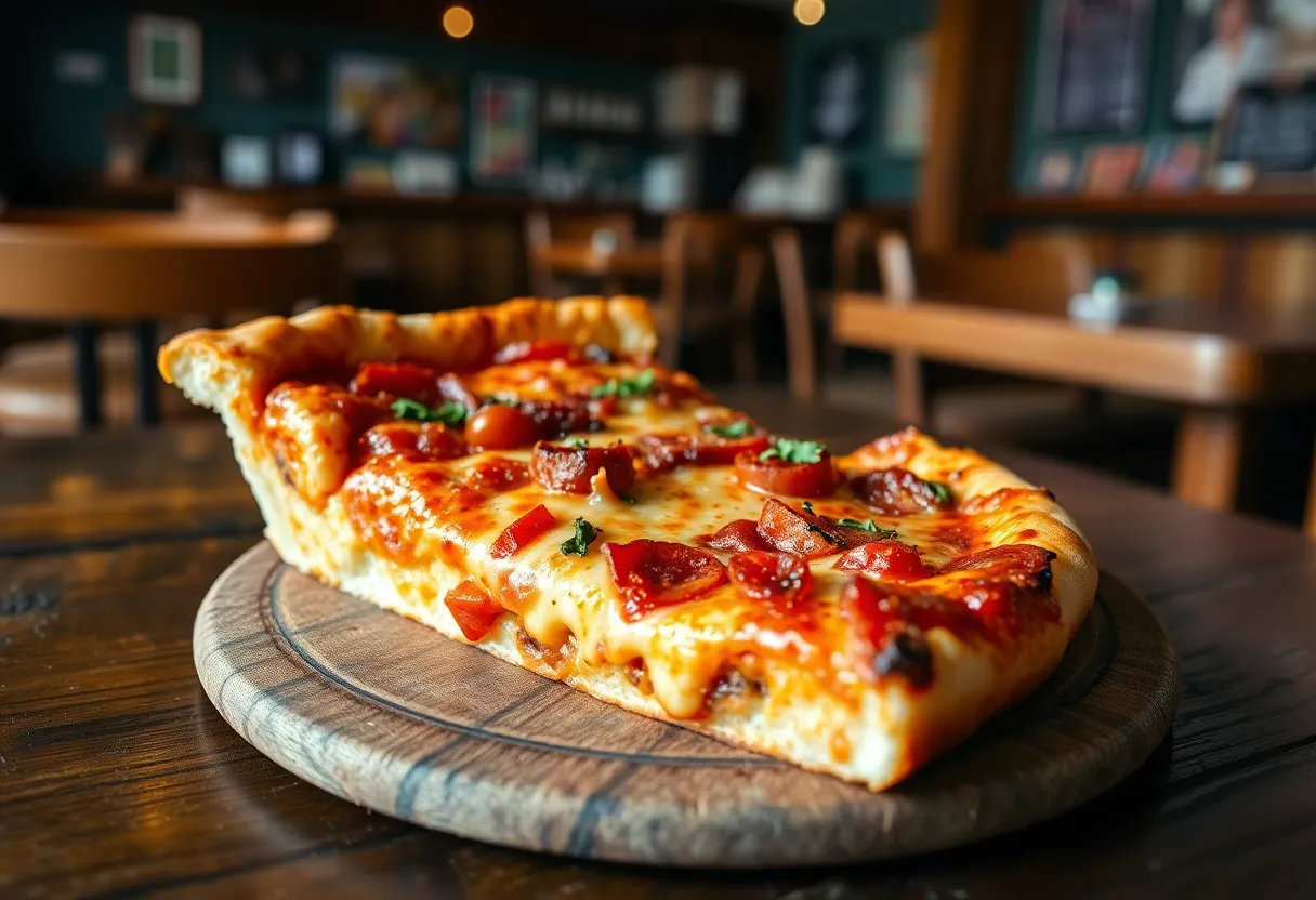 Delicious Chicago-style deep-dish pizza slice at Tortugas Homemade Pizza