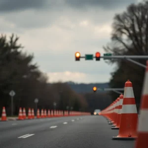 Traffic cones on the road with emergency lights flashing.