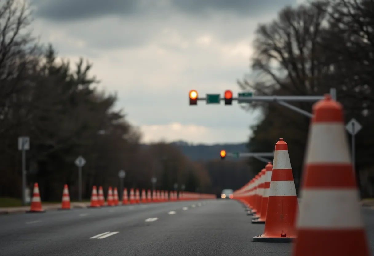 Traffic cones on the road with emergency lights flashing.