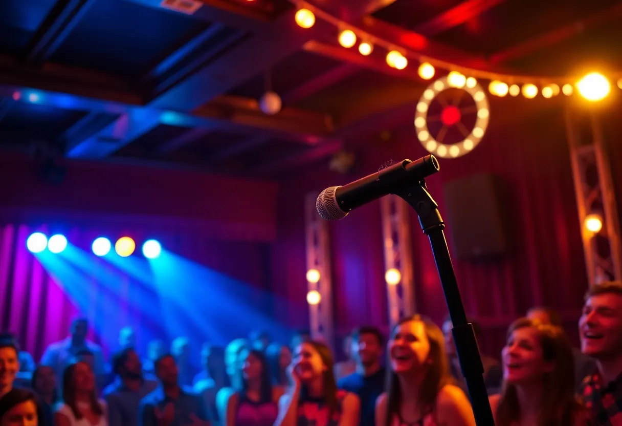 The Trouble With Angels show stage with lights and microphone.