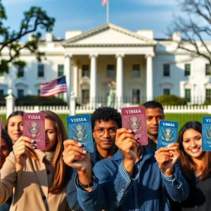 Diverse visa holders in front of the White House during the immigration policy review.