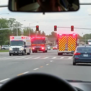 Scene of a traffic intersection in Trussville with emergency response vehicles.
