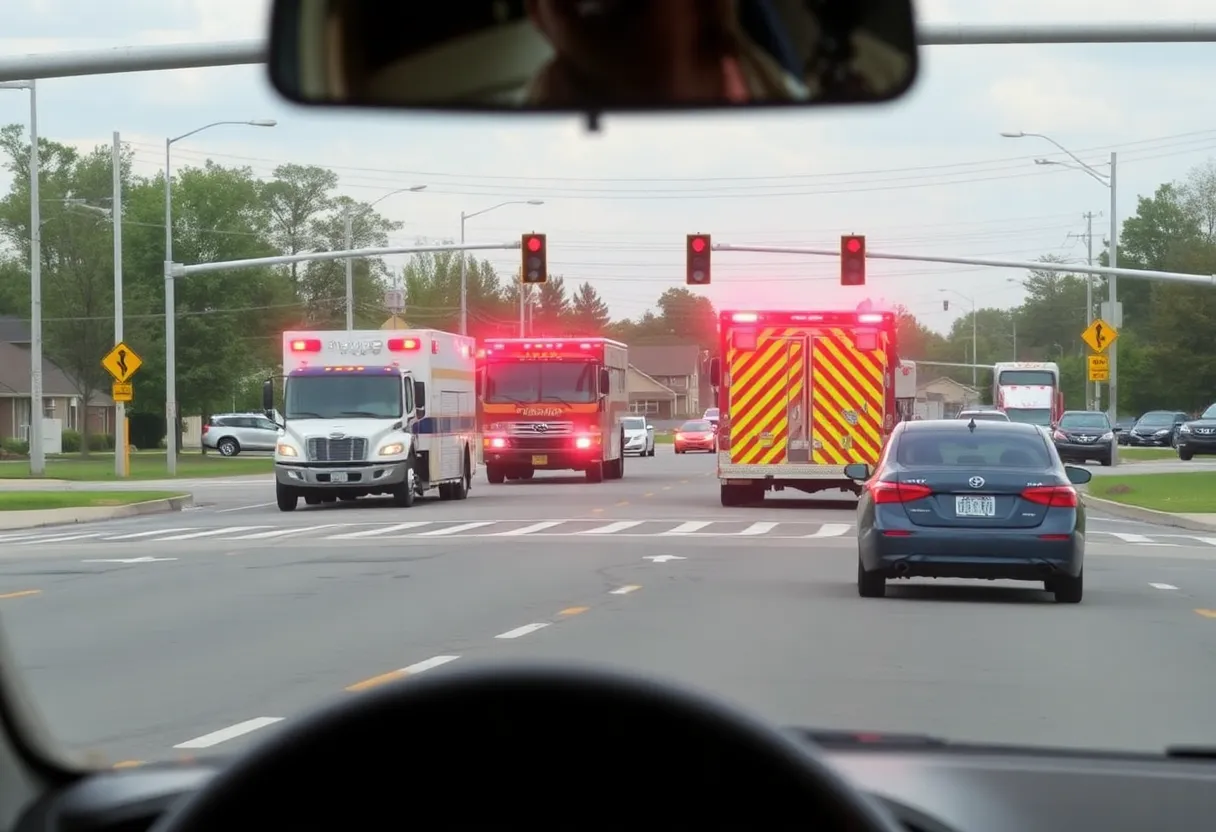 Scene of a traffic intersection in Trussville with emergency response vehicles.