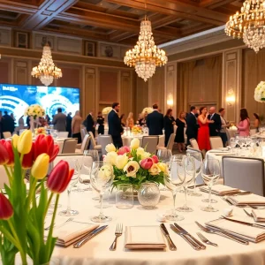 Setup of the Tulip Gala fundraiser with elegant decor and tulip flowers