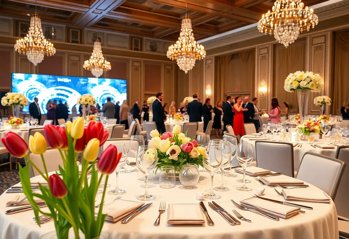 Setup of the Tulip Gala fundraiser with elegant decor and tulip flowers