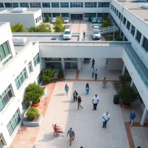 Aerial view of UAB Health System hospital with patients and healthcare providers.