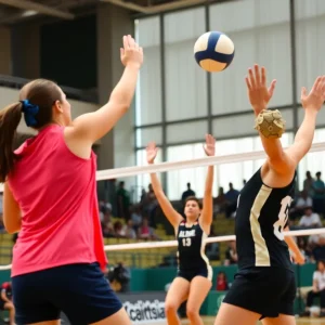 UAB volleyball players in action during a match