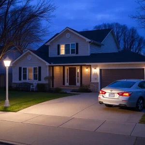 A vacant house with lights on and a car in the driveway to deter burglars.