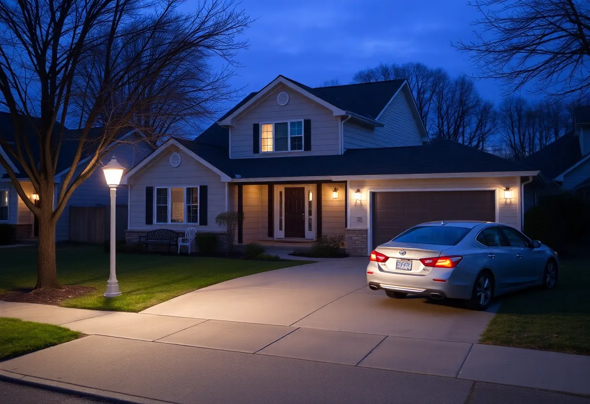 A vacant house with lights on and a car in the driveway to deter burglars.