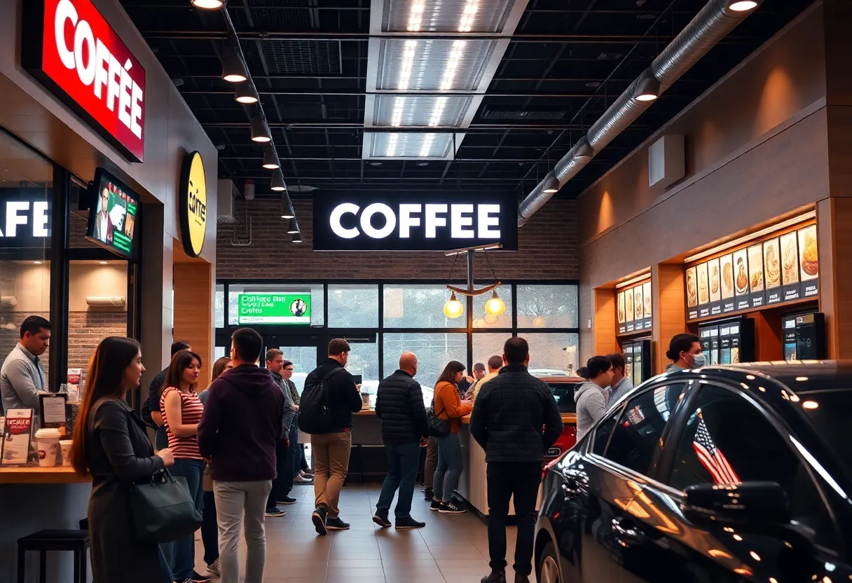A busy 7 Brew coffee shop with customers enjoying drinks at a drive-thru.
