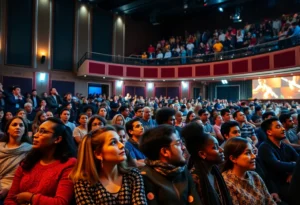 A vibrant theatre performance of Akeelah and the Bee with a diverse audience.