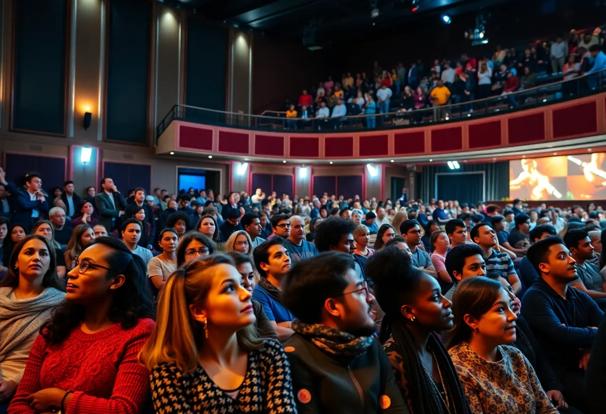 A vibrant theatre performance of Akeelah and the Bee with a diverse audience.