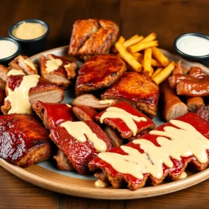 A variety of Alabama barbecue dishes on a wooden table.