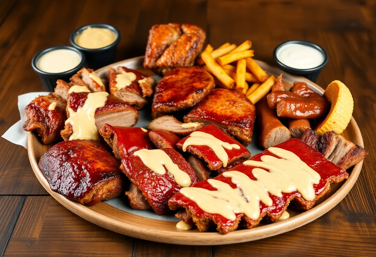 A variety of Alabama barbecue dishes on a wooden table.
