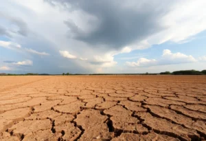 Dry cracked earth in Alabama under cloudy skies