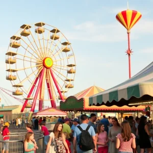 A busy state fair with rides and food stalls