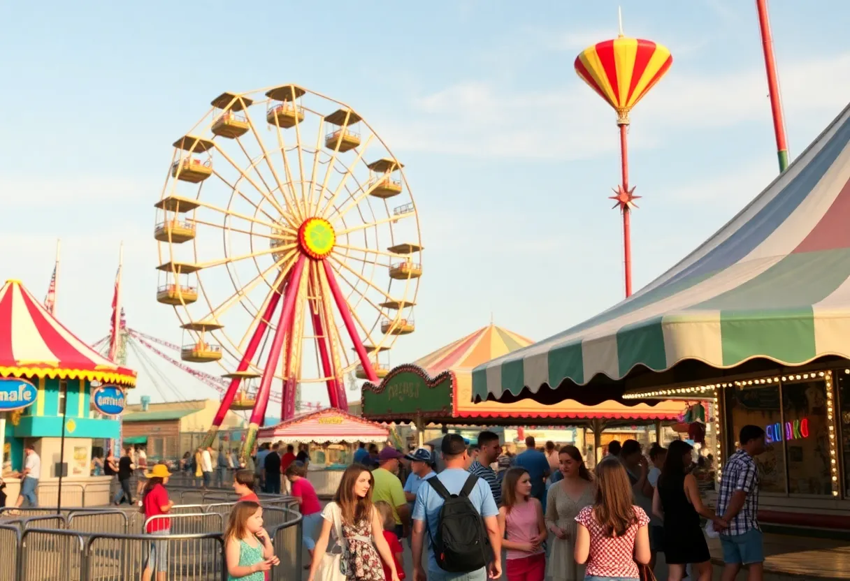 A busy state fair with rides and food stalls