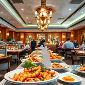 Interior view of Bayonet Restaurant with seafood dishes and guests dining.