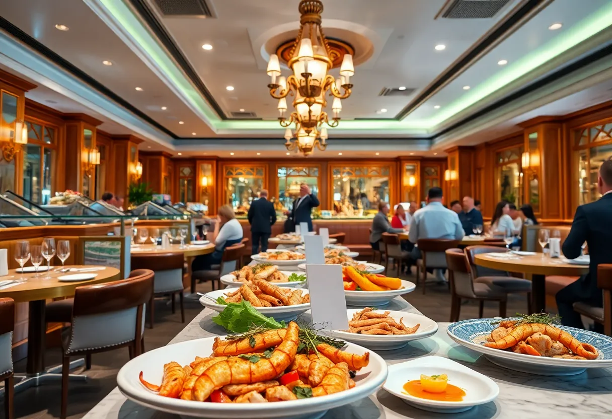 Interior view of Bayonet Restaurant with seafood dishes and guests dining.