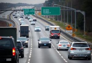 Emergency vehicles at the scene of a traffic accident on the interstate.