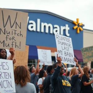 Protesters demonstrating in Birmingham with signs near a Walmart store.