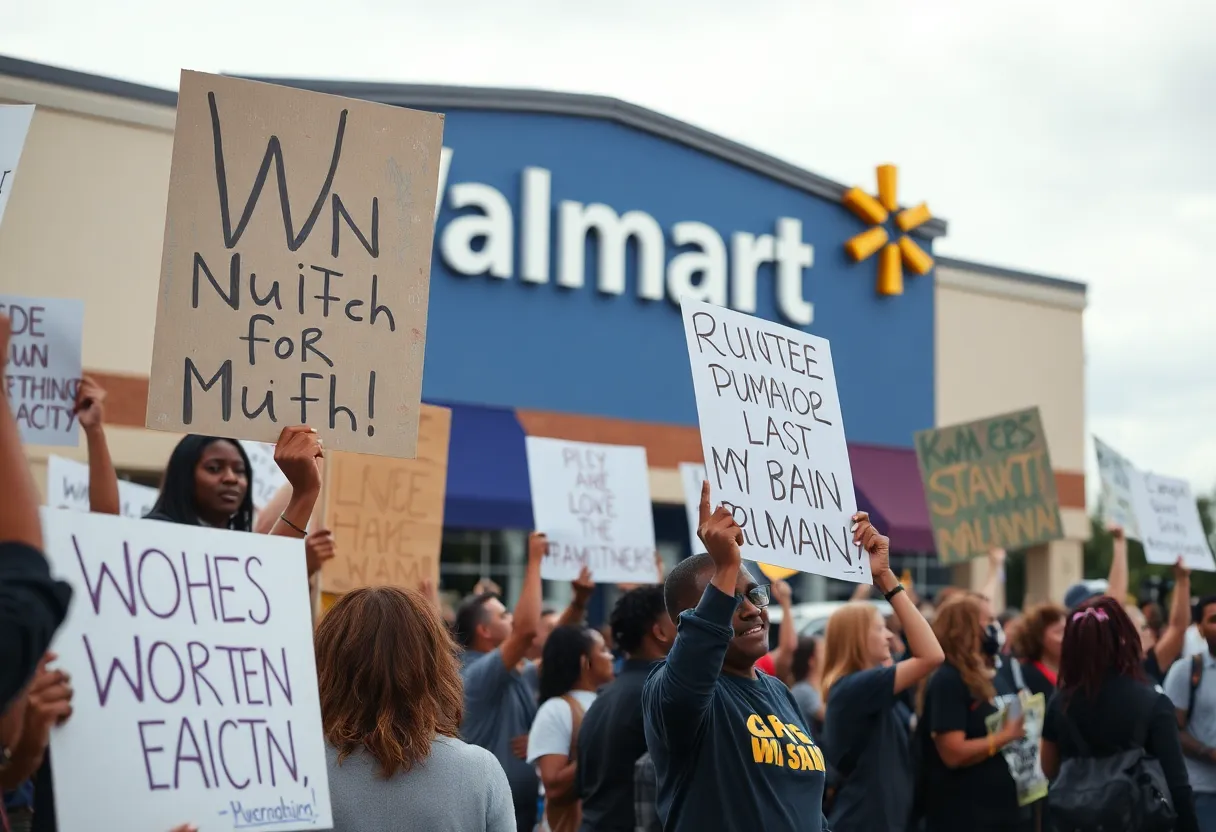 Protesters demonstrating in Birmingham with signs near a Walmart store.