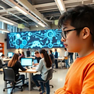 Students in a modern AI laboratory at the School of Coding in Birmingham.