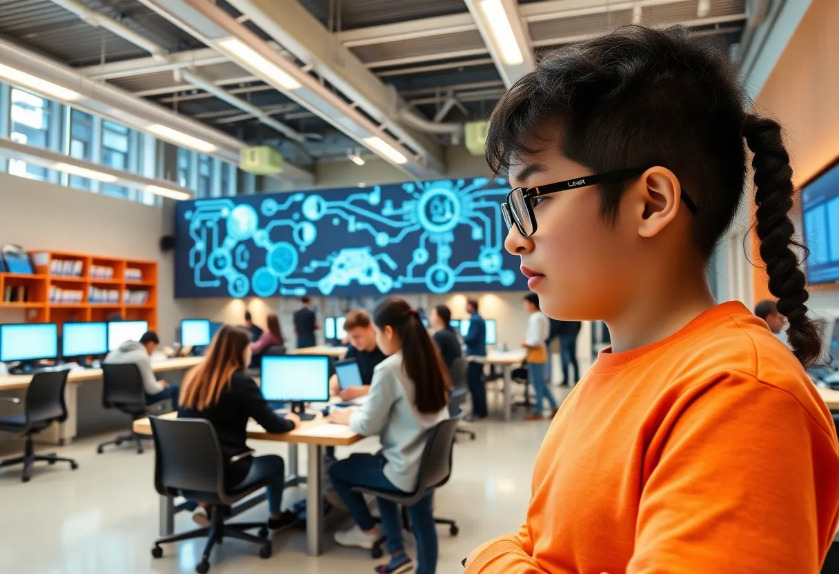 Students in a modern AI laboratory at the School of Coding in Birmingham.