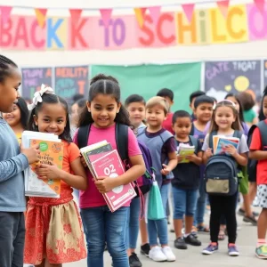 Children receiving school supplies at a Birmingham back-to-school event.