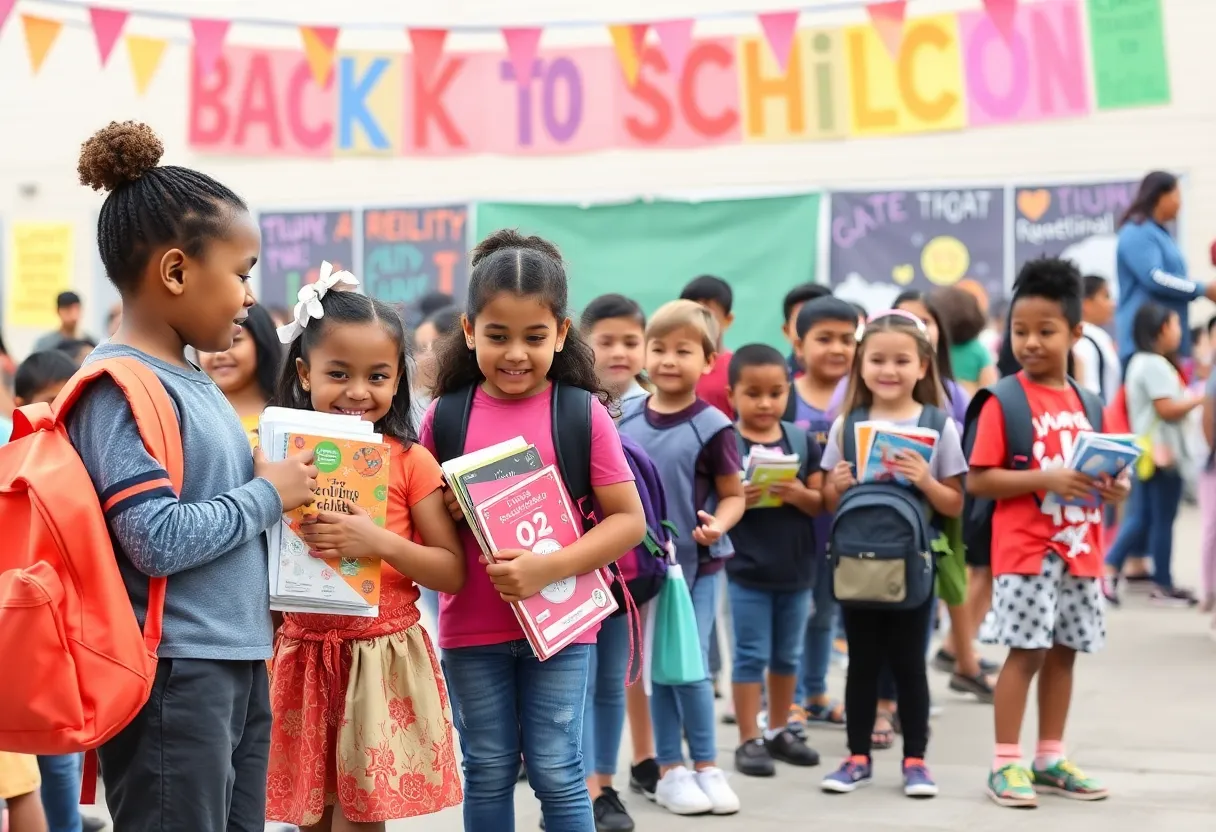 Children receiving school supplies at a Birmingham back-to-school event.