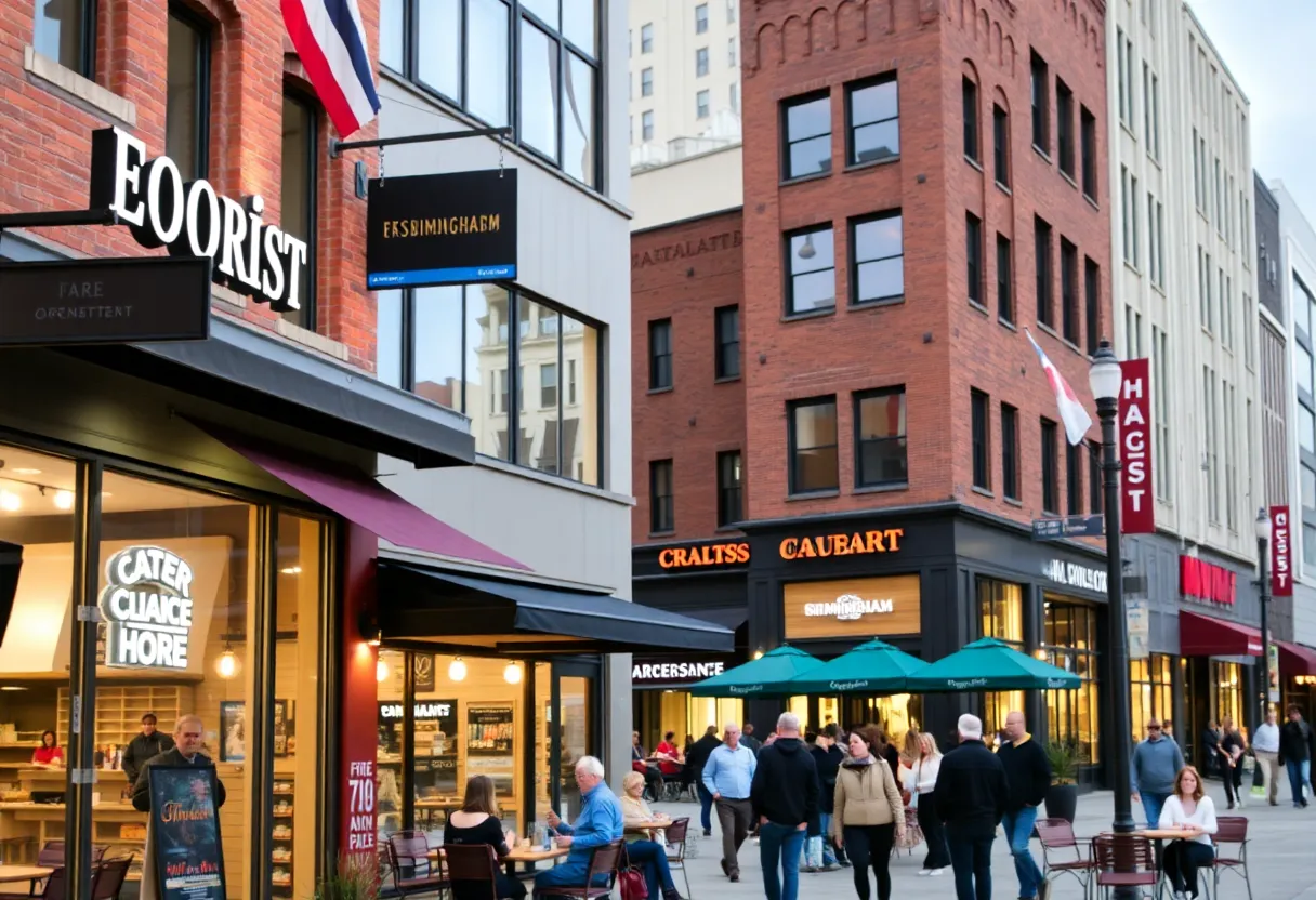A lively street view in Birmingham featuring various new businesses.