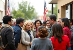 Voters discussing at a polling place during Birmingham elections