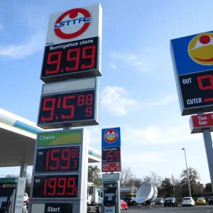 Gas station in Birmingham showing varying gasoline prices