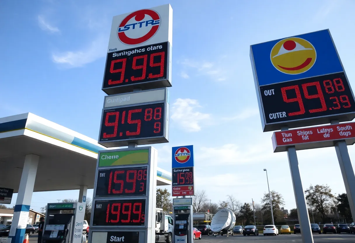 Gas station in Birmingham showing varying gasoline prices