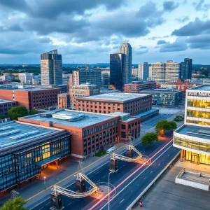 Cityscape of Birmingham with a focus on healthcare buildings.