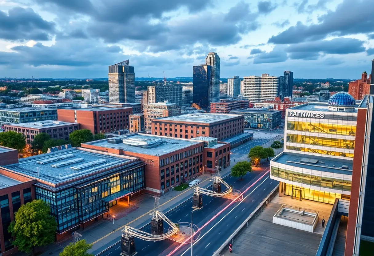Cityscape of Birmingham with a focus on healthcare buildings.