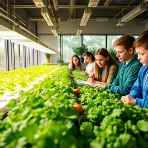 Students in a hydroponic classroom learning about plant growth
